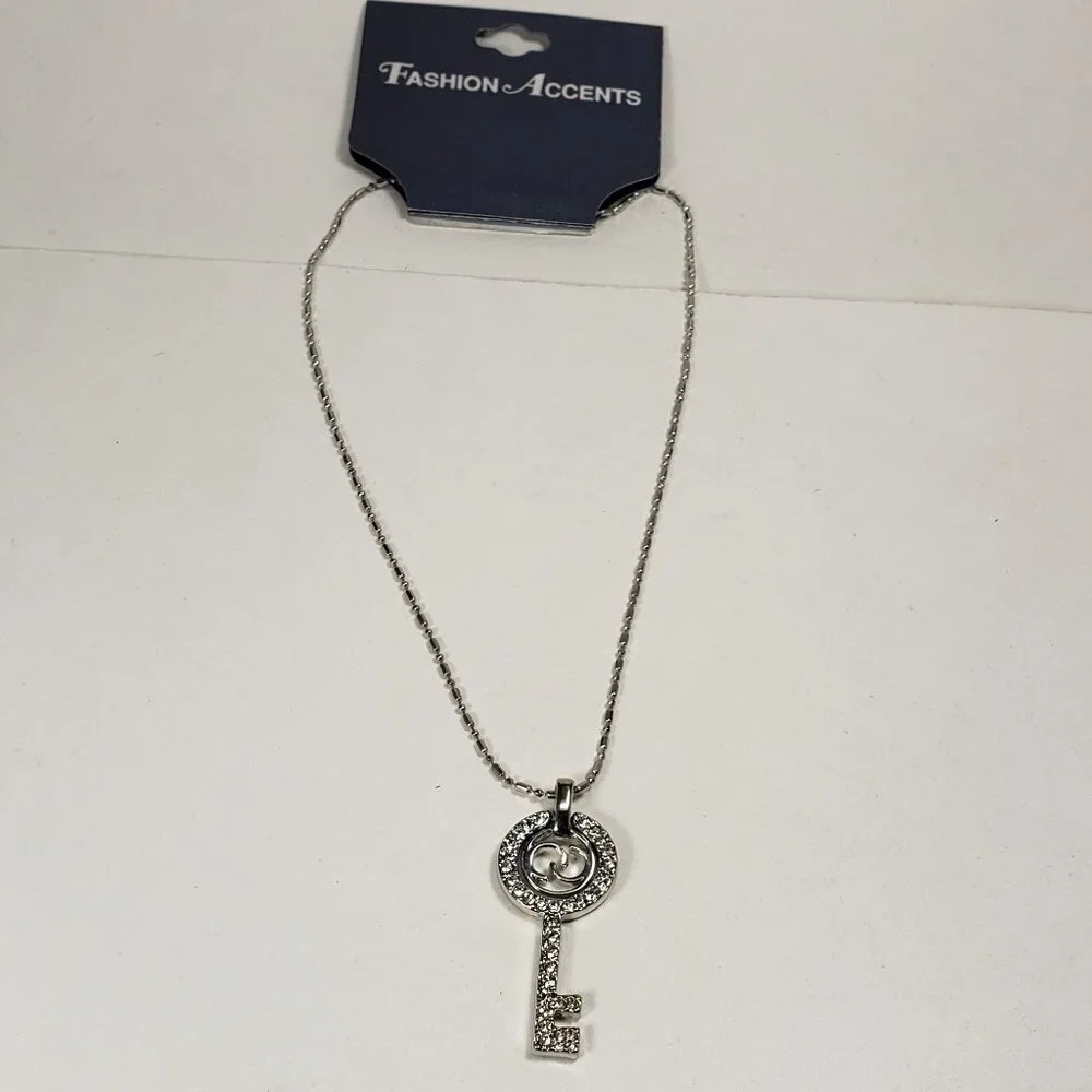 Women's Stunning Silver tone Dot & Dash Chain Necklace - With a Pave Key Pendant